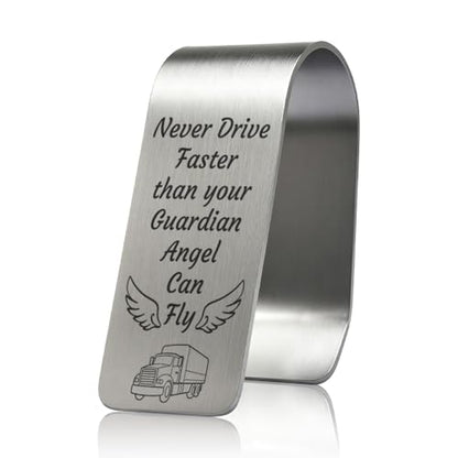 Never Drive Faster Than Your Guardian Angel Can Fly Engraved Stainless Steel Car Visor Clip, Inspirational Guardian Angel Safe Driving Reminder Clip Gifts for Family Friend, Drive Safe Gifts - color: silver027