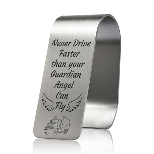 Never Drive Faster Than Your Guardian Angel Can Fly Engraved Stainless Steel Car Visor Clip, Inspirational Guardian Angel Safe Driving Reminder Clip Gifts for Family Friend, Drive Safe Gifts - color: silver027