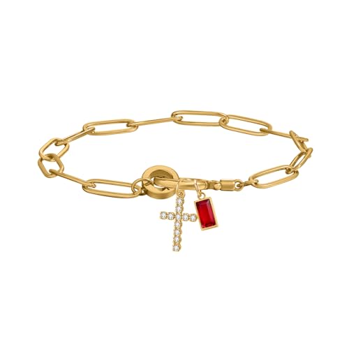 Paperclip Birthstone Cross Charm Bracelet – 18K Gold Plated Link Chain with Cross Charm & Personalized Birthstone, Adjustable Faith Jewelry Gift for Women, Baptism Confirmation Birthday - color: Jan - Garnet