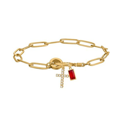Paperclip Birthstone Cross Charm Bracelet – 18K Gold Plated Link Chain with Cross Charm & Personalized Birthstone, Adjustable Faith Jewelry Gift for Women, Baptism Confirmation Birthday - color: Jan - Garnet