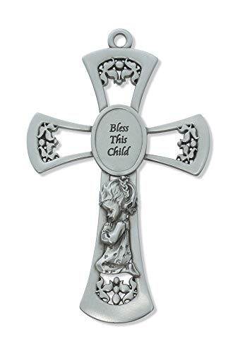 Boy Girl Praying Pewter 6" Cross Children's Baptism Christening Religious Gift (Girls)