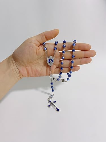 Catholic Rosary Necklace, Solid Glass Beads, Prayer Guide Included, Faith Gift for Women - color: blue