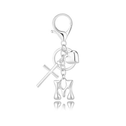 Initial Bag Charms Keychains Women, Cross Cute Heart Letter Key Chain Purse Backpack Handbags Keychain Christian Gift - color: Silver M