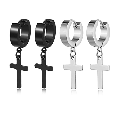 Stainless Steel Cross Earrings Set for Men Women Dangle Hinged Men Women Earrings Silver Gold Black - color: 2 pairs (Black+Silver)