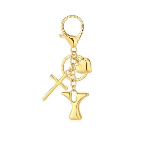 Initial Bag Charms Keychains Women, Cross Cute Heart Letter Key Chain Purse Backpack Handbags Keychain Christian Gift - color: Gold Y