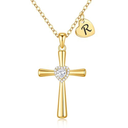 MONOOC Cross Initial Necklace for Women Girls - Christian Birthday Gifts - color: R