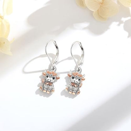 Vito Moonstone Turquoise Drop Earrings for Women, 925 Sterling Silver Hooks - style: Highland Cow
