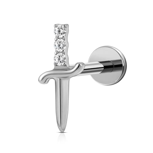 FINE4U 1PC ASTM F136 Titanium Sword Piercing Jewelry for Conch, Tragus, Helix 16G 8mm, Implant Grade Hypoallergenic Flatback Stud - color: Poniard - Tit