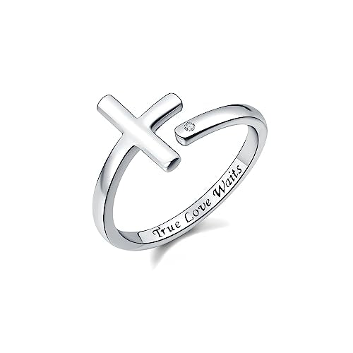 Sterling Silver Cross Rings for Women - Faith Inspirational Adjustable Rings Jewelry Gifts for Christian - style: Ture Love Waits