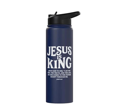 Jesus Is King John 14 6 Faith Bible Verse Stainless Steel Insulated Water Bottle - color: Navy Blue