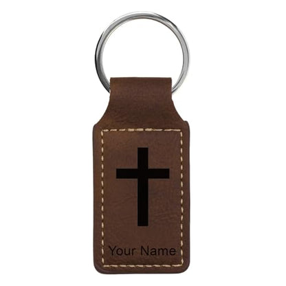 LaserGram Rectangle Keychain, Christian Cross, Personalized Engraving Included - color: Chocolate Brown