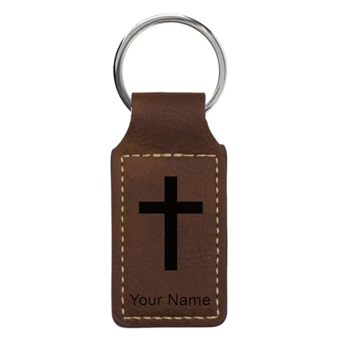 LaserGram Rectangle Keychain, Christian Cross, Personalized Engraving Included - color: Chocolate Brown