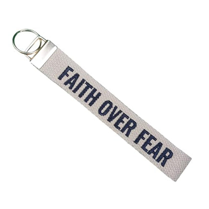 FAITH OVER FEAR embroidered keychain, Christian Gifts, Religious Gifts, Thanksgiving Gift - color: Camel Beige - Gold