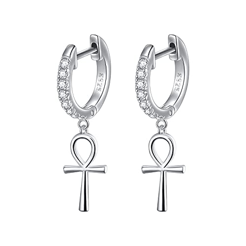 S925 Sterling Silver Ankh Cross Huggie Hoop Dangle Drop Earrings