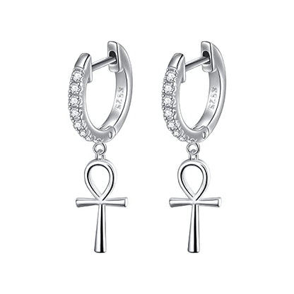 S925 Sterling Silver Ankh Cross Huggie Hoop Dangle Drop Earrings