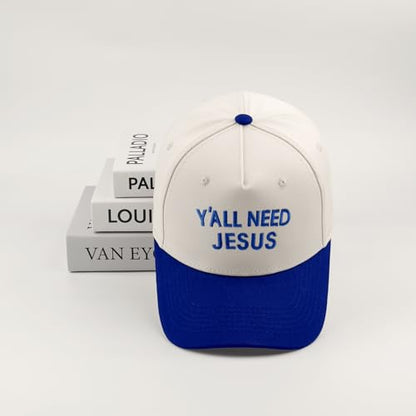 Embroidered Christian Two-Tone Baseball Cap for Men & Women, Adjustable Dad Hat Christmas Easter Gift - color: Y'all Need Jesus, Navy Blue/Beige