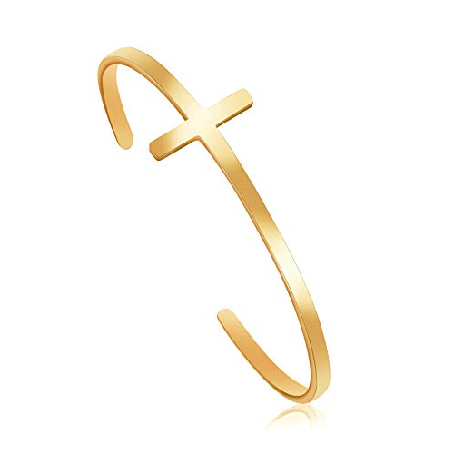 Memgift 𝐂𝐫𝐨𝐬𝐬 𝐁𝐫𝐚𝐜𝐞𝐥𝐞𝐭 Religious Cuff Bangle 𝐁𝐢𝐛𝐥𝐞 𝐕𝐞𝐫𝐬𝐞 Christian Gifts Jewelry for 𝐖𝐨𝐦𝐞𝐧 - style: Gold blank cross cuff