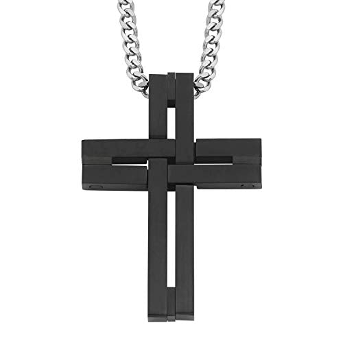 Men's Cross Pendant Necklace in 316L Stainless Steel Interlocking Woven Cross on 24” Curb Chain, Choice of Color - color: Black Stainless Steel