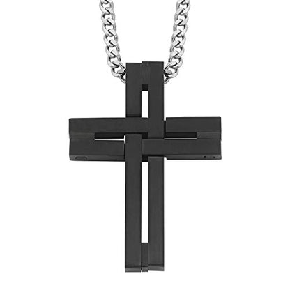 Men's Cross Pendant Necklace in 316L Stainless Steel Interlocking Woven Cross on 24” Curb Chain, Choice of Color - color: Black Stainless Steel
