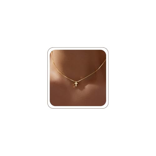 Poxtex Cross Necklace for Women Teen Girls, Dainty 14K Gold Silver Plated Cross Choker Jewelry Non Tarnish Waterproof Cute Simple Small Necklace Christian Baptism Religious Faith Jewelry Gifts - color: 01 Tiny Cross - Gold