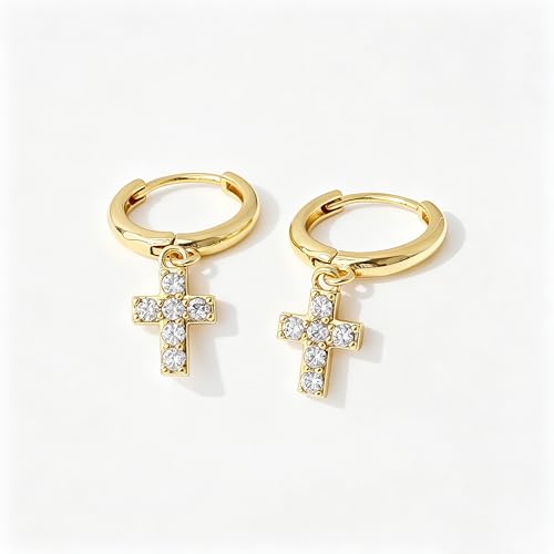 Dangle Earrings for Women, Dainty Huggie Hoop Dangle Earrings - color: Cross 01 Dangle Gold