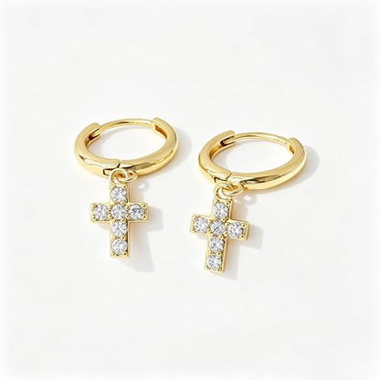 Dangle Earrings for Women, Dainty Huggie Hoop Dangle Earrings - color: Cross 01 Dangle Gold