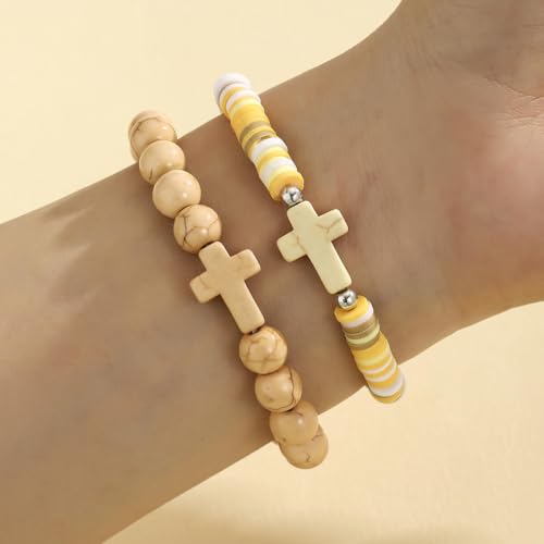 Colorful Handmade Cross Beaded Bracelet for Women Qute Religious Stone Clay Beaded Bracelet for Christian Inspirational Easter Chrismas Thanksgiving Gifts Jewelry - color: Khaki
