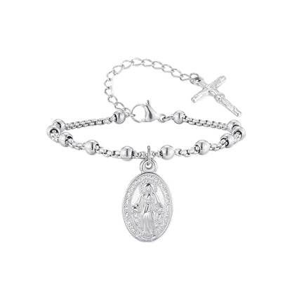 Rnivida 14K Gold Plated Stainless Steel Catholic Rosary Bracelet for Women,Religious Gift for Confirmation Baptism First Communion Easter - color: Silver 01