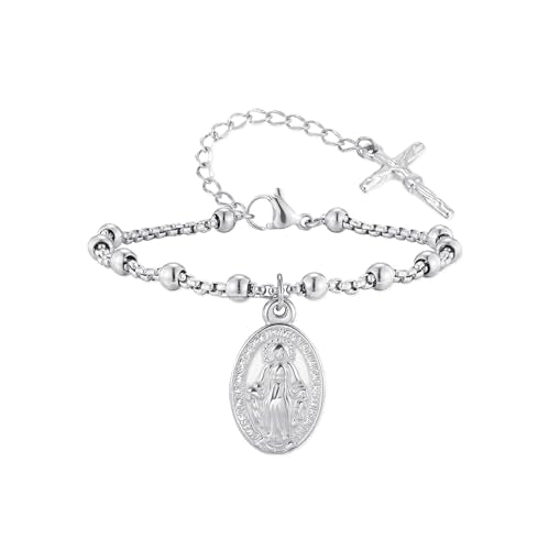 Rnivida 14K Gold Plated Stainless Steel Catholic Rosary Bracelet for Women,Religious Gift for Confirmation Baptism First Communion Easter - color: Silver 01