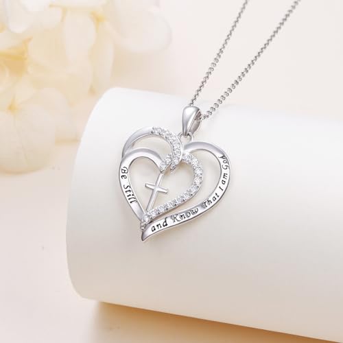 S925 Sterling Silver Christian Cross Heart Faith Bible Verse Necklace Rings - style: Be Still and Know That I am God