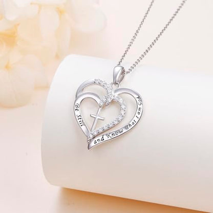 S925 Sterling Silver Christian Cross Heart Faith Bible Verse Necklace Rings - style: Be Still and Know That I am God