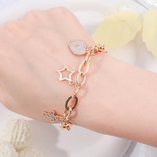 Boho Cute Gold Charm Link Bracelet for Women Starfish Clover Cross Star Lock Key Heart Pearl Charm Bracelets Vacation Spring Summer Santa Claus Reindeer Christmas Party Jewelry Gifts for Womens - style: Gold Lock and Key Charm