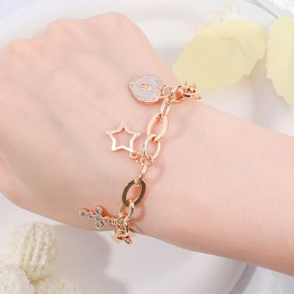 Boho Cute Gold Charm Link Bracelet for Women Starfish Clover Cross Star Lock Key Heart Pearl Charm Bracelets Vacation Spring Summer Santa Claus Reindeer Christmas Party Jewelry Gifts for Womens - style: Gold Lock and Key Charm