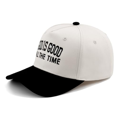 Embroidered Christian Two-Tone Baseball Cap for Men & Women, Adjustable Dad Hat Christmas Easter Gift - color: God is Good All the Time, Black/Beige