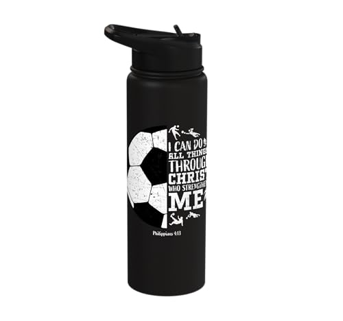 Christian Soccer Faith Graphic Bible Verse Philippians 4:13 Stainless Steel Insulated Water Bottle - color: Black