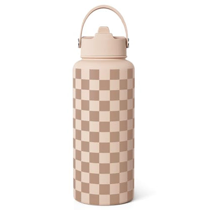 SANDJEST Checkerboard Water Bottle 32oz Stainless Steel with Lid & Straw, Beige Checker Insulated Bottles for Women Girls, Gift Idea for Christmas Birthday - color: Checker