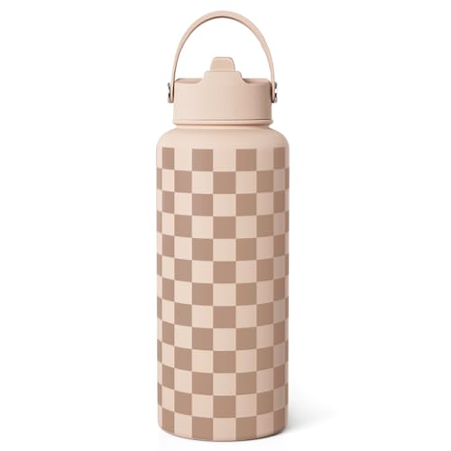 SANDJEST Checkerboard Water Bottle 32oz Stainless Steel with Lid & Straw, Beige Checker Insulated Bottles for Women Girls, Gift Idea for Christmas Birthday - color: Checker
