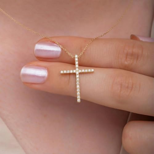 Gelin Dainty Elongated Pave Diamond Cross Necklace for Women in 14K Solid Gold, 18 Inch Chain