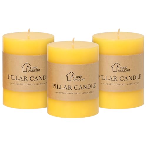 3x4 Inch Yellow Pillar Candles Set of 3 - Decorative Unscented Pillar Candle, Long Burning Dripless Candle for Table Decor, Smokeless Large Pillar Candles for Wedding Table Easter Decor - color: Yellow, size: 3x4