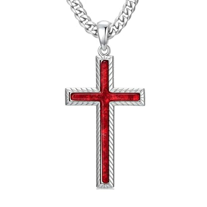 MRENITE Silver Natural Stone Cross Necklace, Classic Latin Cross Pendant Necklace for Unisex Women Man, Vintage Crystal Quartz Cross Necklace with 20+2 Inches Adjustable Cuban Chain - style: Red Opal