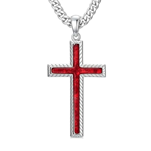MRENITE Silver Natural Stone Cross Necklace, Classic Latin Cross Pendant Necklace for Unisex Women Man, Vintage Crystal Quartz Cross Necklace with 20+2 Inches Adjustable Cuban Chain - style: Red Opal