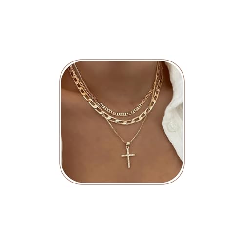 Cross Necklace for Women Stack 14K Gold/Silver Plated Layered Necklace - color: GD