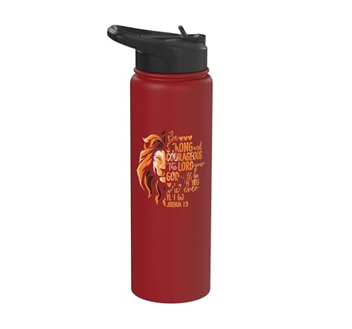 Christian Bible Verse Joshua 1:9 Lion Stainless Steel Insulated Water Bottle - color: Red