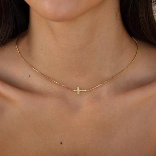 Rotnso Cross Necklace for Women 14K Gold Plated Dainty Small Pendant Choker - style: Thin Box Chain Sideways Cross-GD