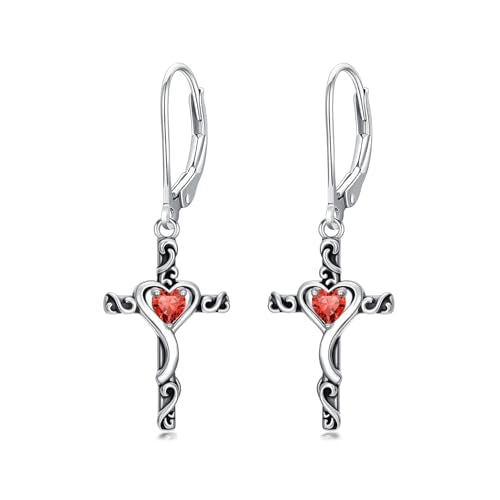 TOUPOP Cross Birthstone Earrings 925 Sterling Silver Heart Cross Dangle Earrings Fine Jewelry Christmas Birthday Gifts for Women Wife Mom Her - color: White Gold-07-July-Ruby