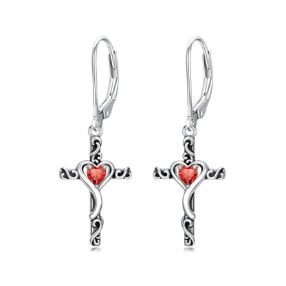 TOUPOP Cross Birthstone Earrings 925 Sterling Silver Heart Cross Dangle Earrings Fine Jewelry Christmas Birthday Gifts for Women Wife Mom Her - color: White Gold-07-July-Ruby