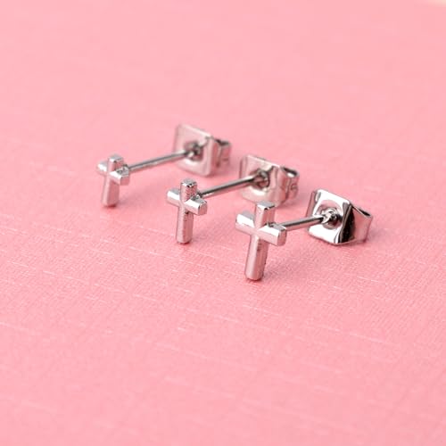 3pcs Cross Stud Earrings, 3 Size Flat Back Cross Stud Cartilage Piercing Jewelry for Women Men - color: Silver