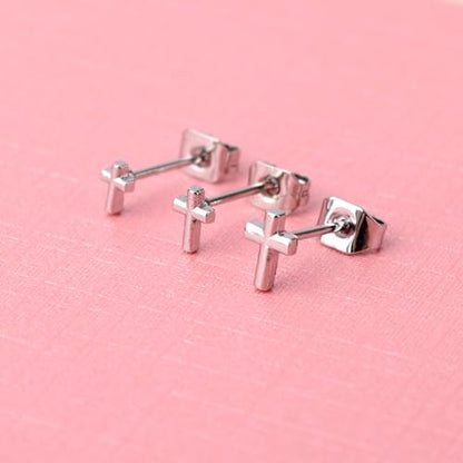 3pcs Cross Stud Earrings, 3 Size Flat Back Cross Stud Cartilage Piercing Jewelry for Women Men - color: Silver