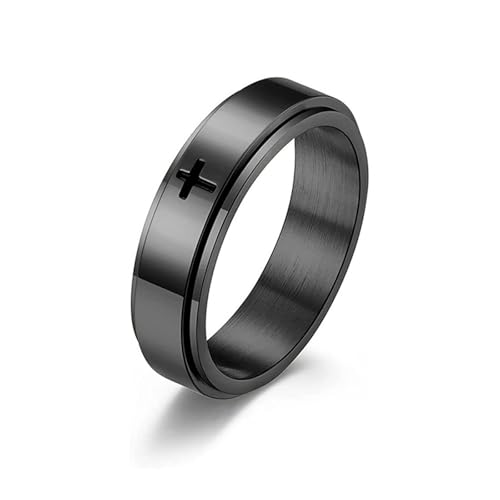 Minimalist Cross Stainless Steel Spinner Ring Anxiety Stress Relieving Rotating Fidget 6mm Band Rings for Men Women Christian Religious Relief Couple Cool Jewelry - color: black 6
