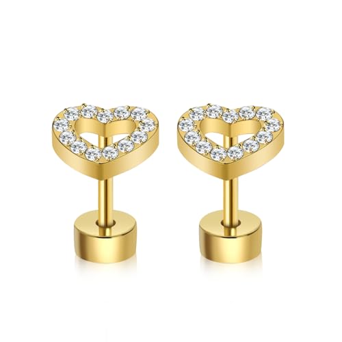 XUU 20G Flat Back Stud Earrings ASTM F136 Titanium & Sparkling CZ - color: gold heart